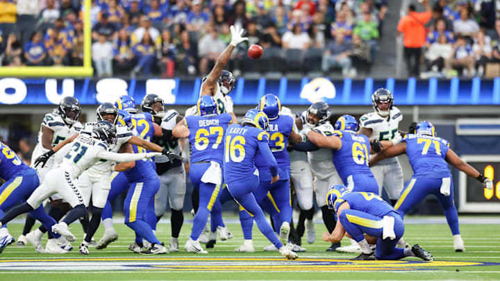Jan 5, 2025; Inglewood, California, USA;   Los Angeles Rams Kicker Joshua Karty (16) kicks his second of four field goals completed at SoFi Stadium. Mandatory Credit: William Navarro-Imagn Images