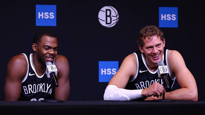 Sep 28, 2026; Brooklyn, NY, USA; Brooklyn Nets center Day'ron Sharpe (20) and center Moritz Wagner (13) talk with media at Brooklyn Nets HSS Training Center. Mandatory Credit: Vincent Carchietta-Imagn Images Sep 28, 2026; Brooklyn, NY, USA; Brooklyn Nets center Day'ron Sharpe (20) and center Moritz Wagner (13) talk with media at Brooklyn Nets HSS Training Center. Mandatory Credit: Vincent Carchietta-Imagn Images