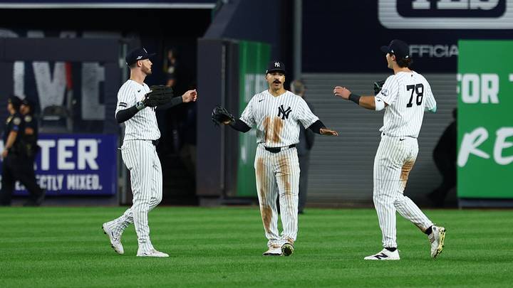 Sep 30, 2026; Bronx, New York, USA; New York Yankees outfielder Trent Grisham (12), outfielder Cody Bellinger (35) and catcher Austin Wells (28) celebrate after defeating the Boston Red Sox in game two of the Wildcard round for the 2026 MLB Playoffs at Yankee Stadium. Mandatory Credit: Vincent Carchietta-Imagn Images Sep 30, 2026; Bronx, New York, USA; New York Yankees outfielder Trent Grisham (12), outfielder Cody Bellinger (35) and catcher Austin Wells (28) celebrate after defeating the Boston Red Sox in game two of the Wildcard round for the 2026 MLB Playoffs at Yankee Stadium. Mandatory Credit: Vincent Carchietta-Imagn Images