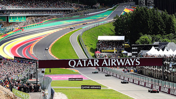 Fernando Alonso of Spain driving the (14) Aston Martin AMR23 Mercedes leads Daniel Ricciardo of Australia driving the (3) Scuderia AlphaTauri AT04 on track during the F1 Grand Prix of Belgium at Circuit de Spa-Francorchamps on July 30, 2023 in Spa, Belgium. (Photo by Peter Fox/Getty Images)