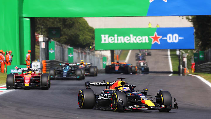 Max Verstappen of the Netherlands driving the (1) Oracle Red Bull Racing RB19 leads Charles Leclerc of Monaco driving the (16) Ferrari SF-23 during the F1 Grand Prix of Italy at Autodromo Nazionale Monza on September 03, 2023 in Monza, Italy. Max Verstappen of the Netherlands driving the (1) Oracle Red Bull Racing RB19 leads Charles Leclerc of Monaco driving the (16) Ferrari SF-23 during the F1 Grand Prix of Italy at Autodromo Nazionale Monza on September 03, 2023 in Monza, Italy.