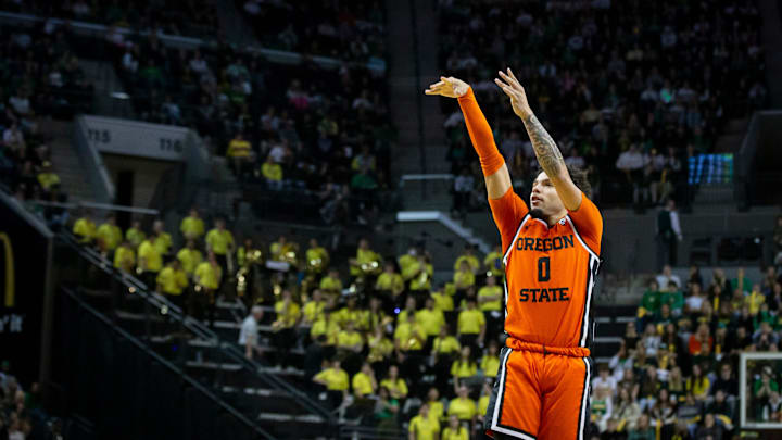 Oregon State guard Jordan Pope puts up a shot as the Oregon Ducks host the Oregon State Beavers Wednesday, Feb. 28, 2024 at Matthew Knight Arena in Eugene, Ore.