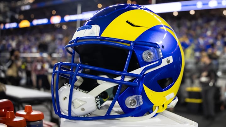 Jan 13, 2025; Glendale, AZ, USA; Detailed view of a Los Angeles Rams helmet during an NFC wild card game at State Farm Stadium. Mandatory Credit: Mark J. Rebilas-Imagn Images Jan 13, 2025; Glendale, AZ, USA; Detailed view of a Los Angeles Rams helmet during an NFC wild card game at State Farm Stadium. Mandatory Credit: Mark J. Rebilas-Imagn Images