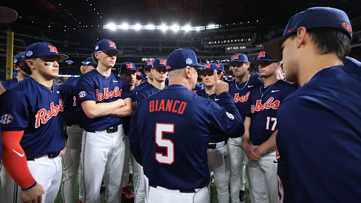 Ole Miss baseball coach Mike Bianco talks to players before the game against the Texas Longhorns at the Shriners Children's College Showdown in Arlington, Texas. Ole Miss baseball coach Mike Bianco talks to players before the game against the Texas Longhorns at the Shriners Children's College Showdown in Arlington, Texas.