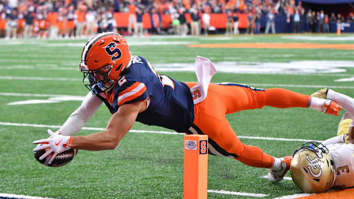Former Syracuse receiver Trebor Pena dives for a toucdown against Georgia Tech. Pena has transferred to Penn State, where he will be a sixth-year senior in 2025. 