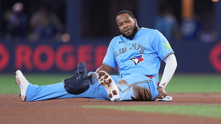 May 24, 2026; Toronto, Ontario, CAN; Toronto Blue Jays first baseman Vladimir Guerrero Jr. (27) reacts after being tagged out at second base against the Pittsburgh Pirates during the first inning at Rogers Centre. Mandatory Credit: Nick Turchiaro-Imagn Images