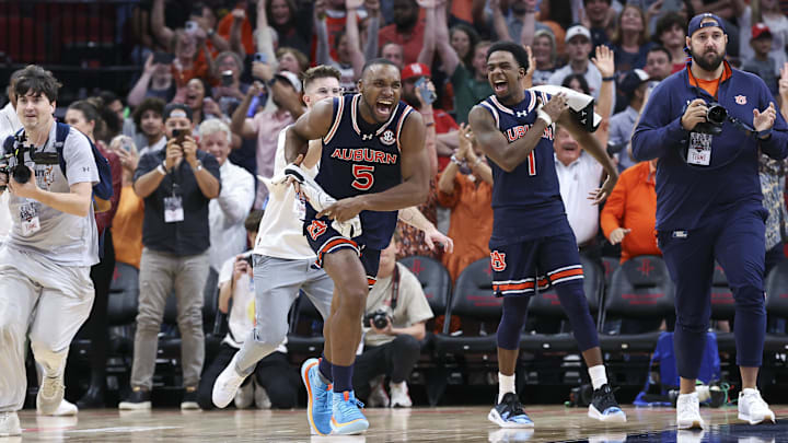 Auburn Tigers forward Chris Moore celebrates after beating the Houston Cougars.