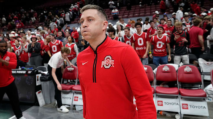 Ohio State Buckeyes head coach Jake Diebler reacts following the second overtime of the NCAA men's basketball game against the Nebraska Cornhuskers at Value City Arena in Columbus on March 4, 2025. Ohio State won 116-114. Ohio State Buckeyes head coach Jake Diebler reacts following the second overtime of the NCAA men's basketball game against the Nebraska Cornhuskers at Value City Arena in Columbus on March 4, 2025. Ohio State won 116-114.