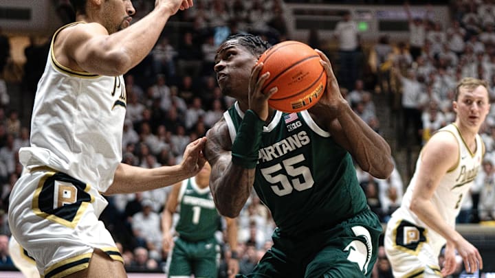 Feb 26, 2026; West Lafayette, Indiana, USA; Michigan State Spartans forward Coen Carr (55) looks to shoot the ball during the first half of a game against the Purdue Boilermakers at Mackey Arena. Mandatory Credit: Jacob Musselman-Imagn Images