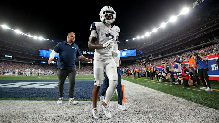 Dallas Cowboys cornerback Trevon Diggs leaves the field after an injury during the fourth quarter against the New York Giants at MetLife Stadium.