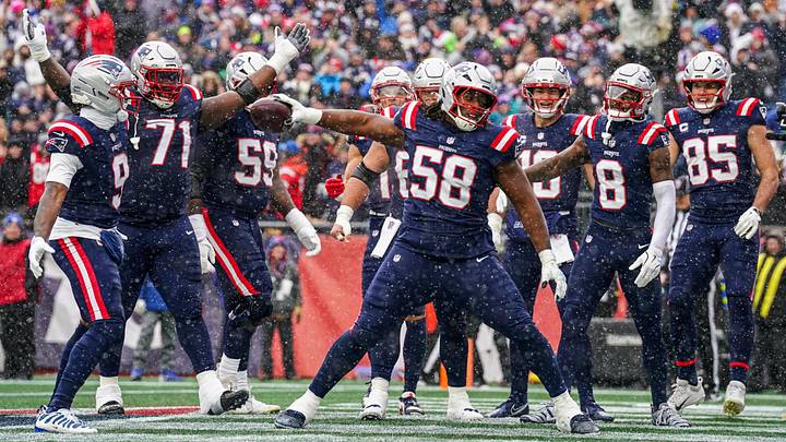 Dec 14, 2025; Foxborough, Massachusetts, USA; New England Patriots guard Jared Wilson (58) reacts after a touchdown by quarterback Drake Maye (10) against the Buffalo Bills in the first half at Gillette Stadium. Mandatory Credit: David Butler II-Imagn Images