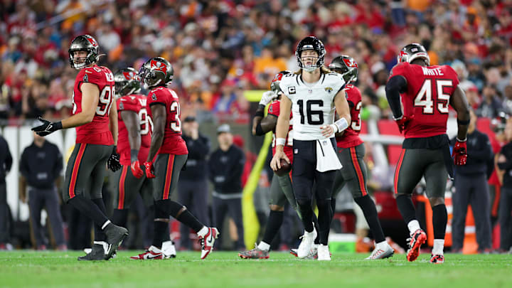 Dec 24, 2023; Tampa, Florida, USA;  Jacksonville Jaguars quarterback Trevor Lawrence (16) reacts after a play against the Tampa Bay Buccaneers in the third quarter at Raymond James Stadium. Mandatory Credit: Nathan Ray Seebeck-USA TODAY Sports
