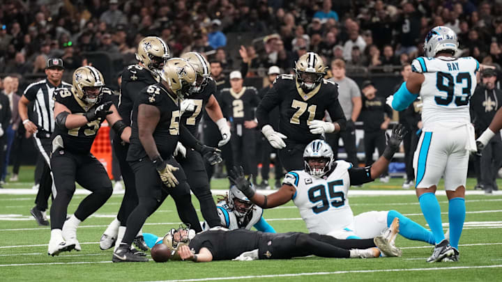 Dec 14, 2025; New Orleans, Louisiana, USA; Carolina Panthers defensive end Derrick Brown (95) reacts to a call on roughing against New Orleans Saints quarterback Tyler Shough (6) during the third quarter at Caesars Superdome. Mandatory Credit: Matthew Hinton-Imagn Images Dec 14, 2025; New Orleans, Louisiana, USA; Carolina Panthers defensive end Derrick Brown (95) reacts to a call on roughing against New Orleans Saints quarterback Tyler Shough (6) during the third quarter at Caesars Superdome. Mandatory Credit: Matthew Hinton-Imagn Images
