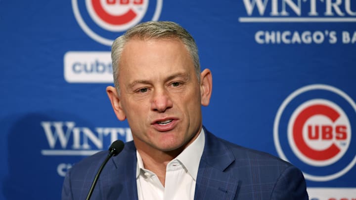 Jan 12, 2024; Chicago, IL, USA; Chicago Cubs president of baseball operations Jed Hoyer talks to the media after introducing pitcher Shota Imanaga (not pictured) during a press conference at Loews Chicago Hotel. 