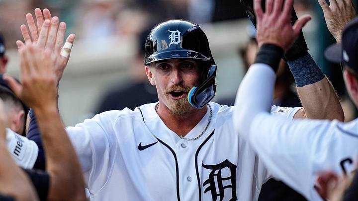 Detroit Tigers right fielder Ben Malgeri (53) celebrates scoring a run against New York Yankees during the third inning at Comerica Park in Detroit on Tuesday, June 23, 2026.
