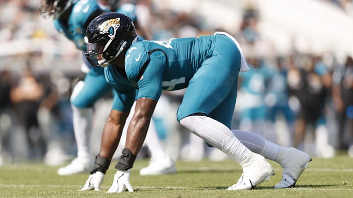 Oct 27, 2024; Jacksonville, Florida, USA; Jacksonville Jaguars defensive end Travon Walker (44) waits for the snap against the Green Bay Packers during the second quarter at EverBank Stadium. Mandatory Credit: Morgan Tencza-Imagn Images