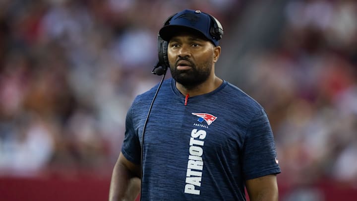 Dec 15, 2024; Glendale, Arizona, USA; New England Patriots head coach Jerod Mayo against the Arizona Cardinals in the second half at State Farm Stadium.