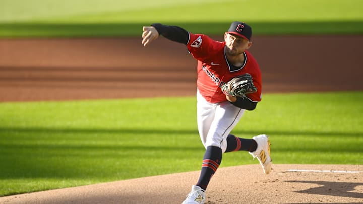 Apr 22, 2025; Cleveland, Ohio, USA; Cleveland Guardians starting pitcher Tanner Bibee (28) delivers a pitch in the first inning against the New York Yankees at Progressive Field. Mandatory Credit: David Richard-Imagn Images