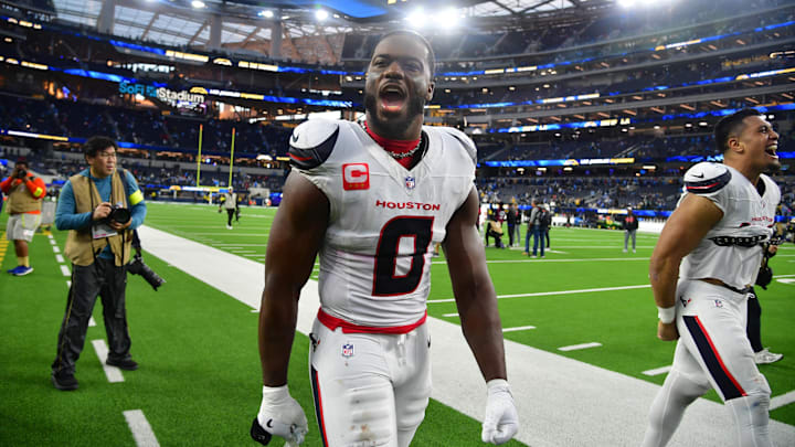 Dec 27, 2025; Inglewood, California, USA;  Houston Texans linebacker Azeez al-Shaair (0) leaves the field following a game against the Los Angeles Chargers at SoFi Stadium. Mandatory Credit: Gary A. Vasquez-Imagn Images