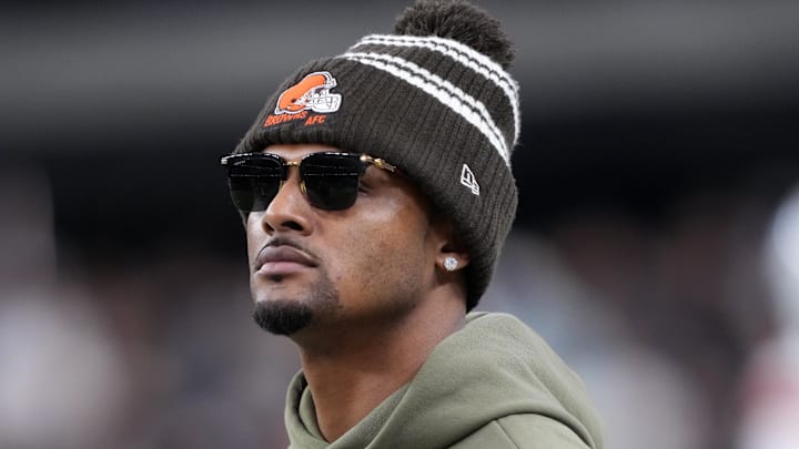 Nov 23, 2025; Paradise, Nevada, USA; Cleveland Browns quarterback Deshaun Watson watches on the sidelines against the Las Vegas Raiders in the second half at Allegiant Stadium. Mandatory Credit: Kirby Lee-Imagn Images