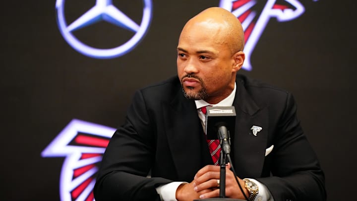 Feb 5, 2024; Atlanta, GA, USA; Atlanta Falcons general manager Terry Fontenot  addresses the media as Raheem Morris is introduced as the new head coach of the Atlanta Falcons at Mercedes-Benz Stadium. Mandatory Credit: John David Mercer-Imagn Images