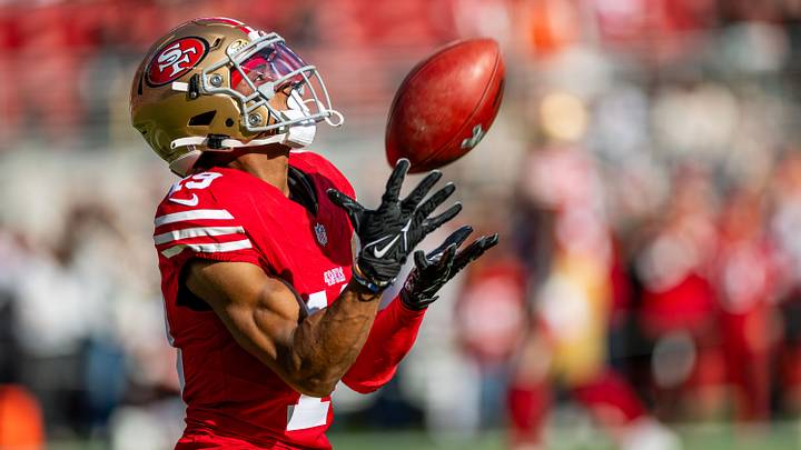 Dec 8, 2024; Santa Clara, California, USA; San Francisco 49ers wide receiver Jacob Cowing (19) warms up before the game against the Chicago Bears at Levi's Stadium. Mandatory Credit: Bob Kupbens-Imagn Images