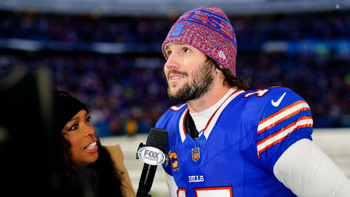 Dec 7, 2025; Orchard Park, New York, USA; Buffalo Bills quarterback Josh Allen (17) is interviewed after the game against the Cincinnati Bengals at Highmark Stadium. Dec 7, 2025; Orchard Park, New York, USA; Buffalo Bills quarterback Josh Allen (17) is interviewed after the game against the Cincinnati Bengals at Highmark Stadium.
