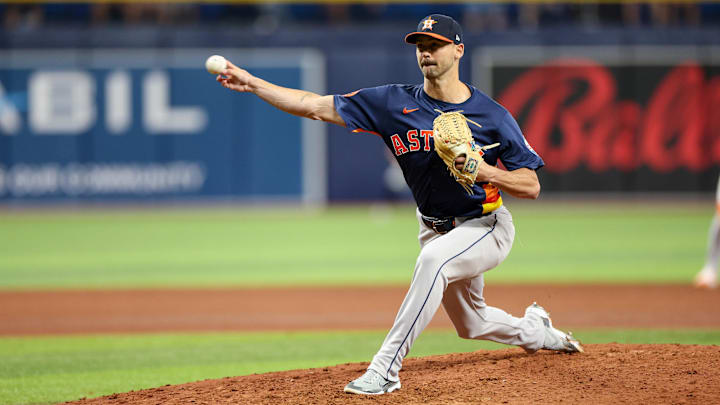 Aug 12, 2024; St. Petersburg, Florida, USA; Houston Astros pitcher Tayler Scott (50) throws a pitch against the Tampa Bay Rays in the sixth inning at Tropicana Field.