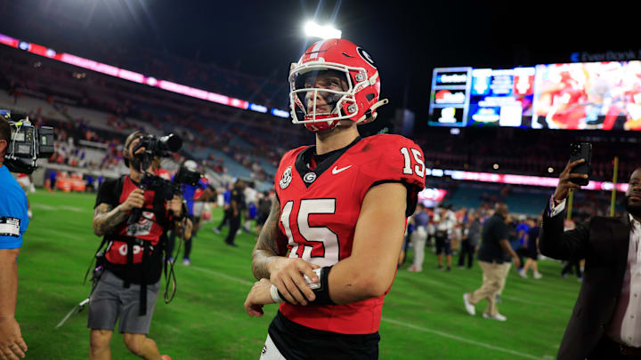 Georgia Bulldogs quarterback Carson Beck (15) walks off the field after the game of an NCAA college football matchup Saturday, Nov. 2, 2024 at EverBank Stadium in Jacksonville, Fla. The Georgia Bulldogs defeated the Florida Gators 34-20. Georgia Bulldogs quarterback Carson Beck (15) walks off the field after the game of an NCAA college football matchup Saturday, Nov. 2, 2024 at EverBank Stadium in Jacksonville, Fla. The Georgia Bulldogs defeated the Florida Gators 34-20.