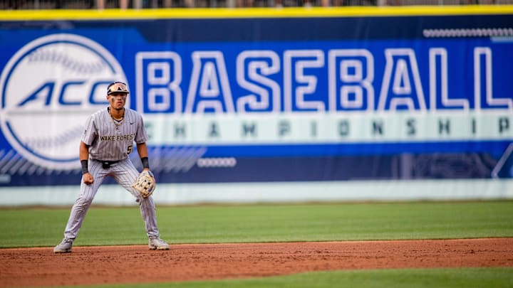 May 24, 2024; Charlotte, NC, USA; Wake Forest utility Seaver King (5) sets up against the North Carolina Tar Heels in the first inning during the ACC Baseball Tournament at Truist Field. 