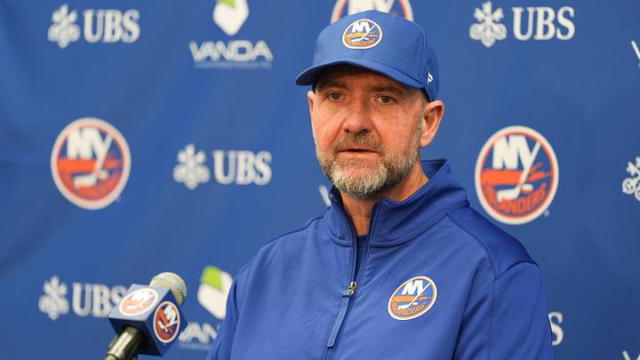 Apr 11, 2026; Elmont, New York, USA; New York Islanders head coach Peter DeBoer speaks to the media before their game against the Ottawa Senators at UBS Arena. Apr 11, 2026; Elmont, New York, USA; New York Islanders head coach Peter DeBoer speaks to the media before their game against the Ottawa Senators at UBS Arena.