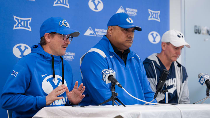 BYU head coach Kalani Sitake with coordinators Aaron Roderick and Jay Hill