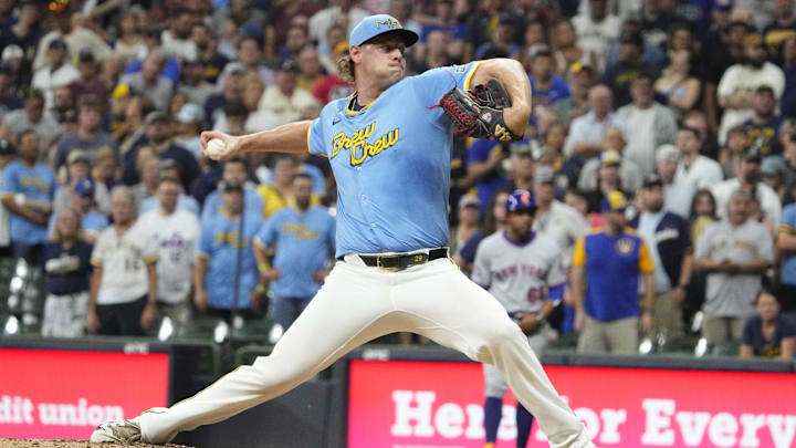 Aug 9, 2025; Milwaukee, Wisconsin, USA; Milwaukee Brewers pitcher Trevor Megill (29) delivers a pitch against the New York Mets in the ninth inning at American Family Field. Mandatory Credit: Michael McLoone-Imagn Images
