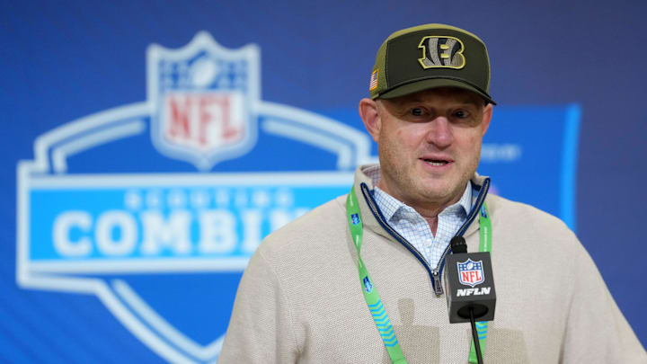 Feb 24, 2026; Indianapolis, IN, USA; Cincinnati Bengals general manager Duke Tobin speaks at the NFL Scouting Combine at the Indiana Convention Center. Mandatory Credit: Kirby Lee-Imagn Images