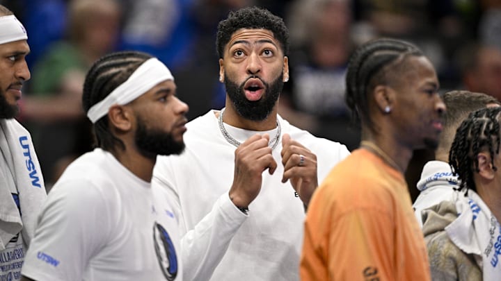 Nov 21, 2025; Dallas, Texas, USA; Dallas Mavericks forward Anthony Davis (3) looks on from the team bench during the second half against the New Orleans Pelicans at the American Airlines Center. Mandatory Credit: Jerome Miron-Imagn Images
