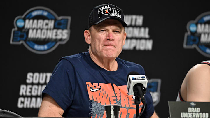 Mar 28, 2026; Houston, TX, USA; Illinois Fighting Illini head coach Brad Underwood speaks in a press conference after defeating the Iowa Hawkeyes in an Elite Eight game of the South Regional of the men's 2026 NCAA Tournament at Toyota Center. Mandatory Credit: Maria Lysaker-Imagn Images