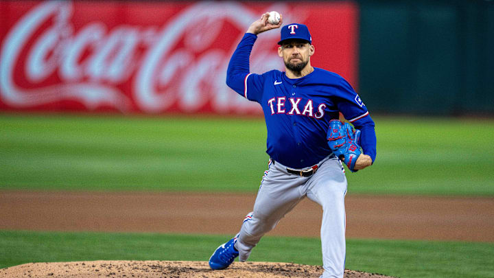 Sep 24, 2024; Oakland, California, USA; Texas Rangers starting pitcher Nathan Eovaldi (17) delivers a pitch against the Oakland Athletics during the first inning at Oakland-Alameda County Coliseum. 