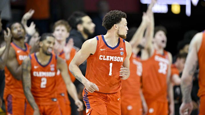 Feb 22, 2025; Dallas, Texas, USA; Clemson Tigers guard Chase Hunter (1) celebrates after he makes a three point shot against the SMU Mustangs during the second half at Moody Coliseum. Mandatory Credit: Jerome Miron-Imagn Images