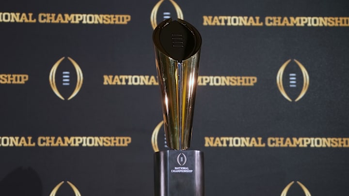 Jan 9, 2024; Houston, TX, USA; The College Football National Championship trophy at press conference