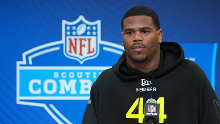 Feb 27, 2025; Indianapolis, IN, USA; Penn State defensive lineman Abdul Carter (DL44) during the 2025 NFL Scouting Combine at the Indiana Convention Center. Mandatory Credit: Kirby Lee-Imagn Images