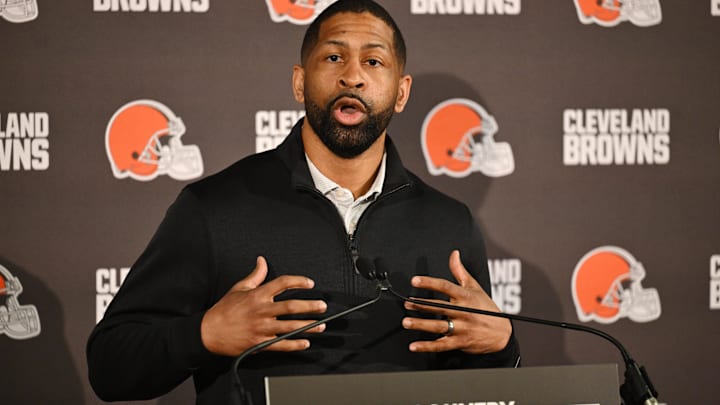Feb 3, 2026; Berea, OH, USA; Executive vice president, football operations and general manager  Andrew Berry speaks to the media during a press conference to introduce new head coach Todd Monken at CrossCountry Mortgage Campus. Mandatory Credit: Ken Blaze-Imagn Images