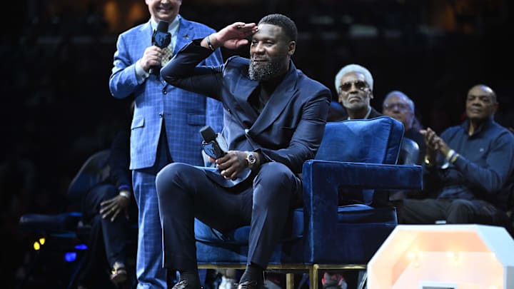 Mar 15, 2025; Memphis, Tennessee, USA; Tony Allen at his jersey retirement ceremony after the Miami Heat vs. Memphis Grizzlies game at FedExForum. Mandatory Credit: Matthew Smith-Imagn Images