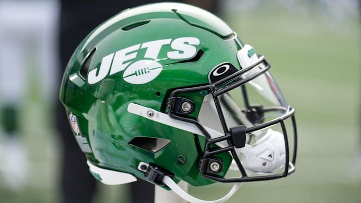 Aug 12, 2023; Charlotte, North Carolina, USA; New York Jets helmet during the second quarter against the Carolina Panthers at Bank of America Stadium. Mandatory Credit: Jim Dedmon-Imagn Images