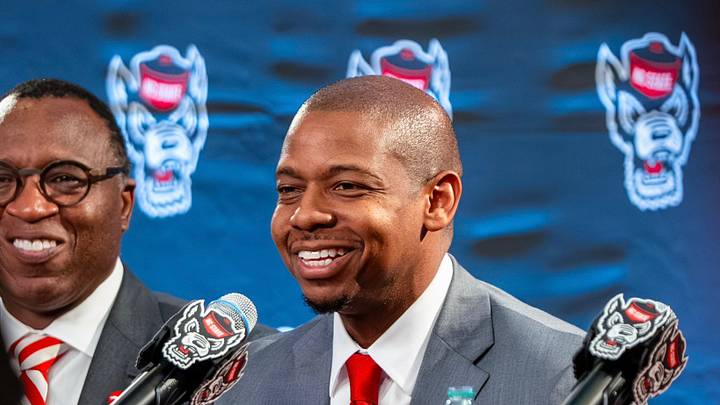 NC State men's basketball coach Justin Gainey speaks during his introductory press conference on April 1, 2026.
