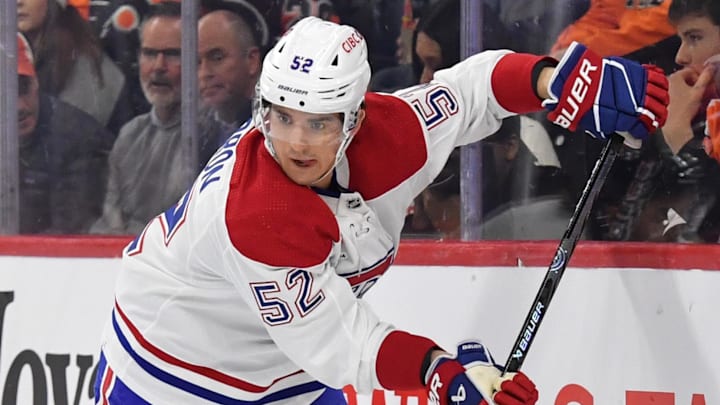 Jan 10, 2024; Philadelphia, Pennsylvania, USA; Montreal Canadiens defenseman Justin Barron (52)