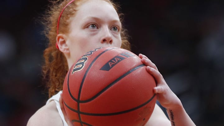 Scottsdale Christian's Kylie Hearn (3) shoots free throws against Alchesay during the first half of the 2A girls basketball state championship game at Gila River Arena in Glendale, Ariz. on February 23, 2019.

Z6i4845