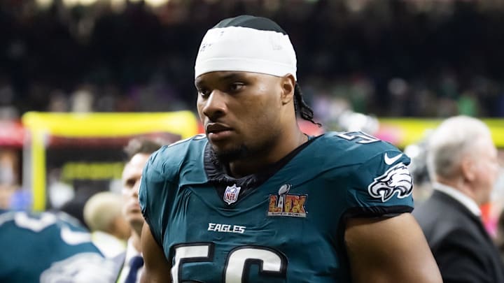 Feb 9, 2025; New Orleans, LA, USA; Philadelphia Eagles guard Tyler Steen (56) against the Kansas City Chiefs during Super Bowl LIX at Ceasars Superdome. Feb 9, 2025; New Orleans, LA, USA; Philadelphia Eagles guard Tyler Steen (56) against the Kansas City Chiefs during Super Bowl LIX at Ceasars Superdome.