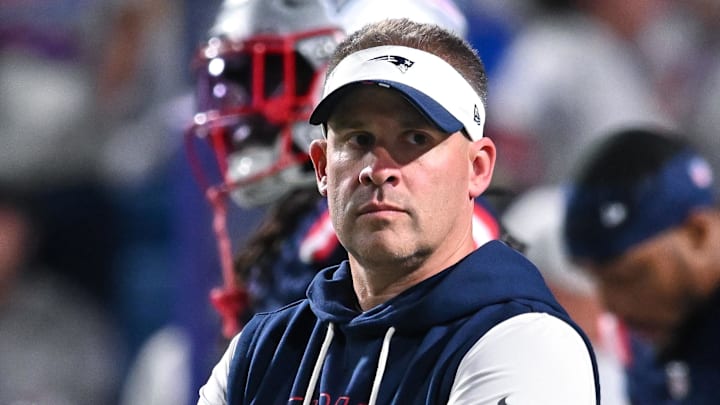 Oct 5, 2025; Orchard Park, New York, USA; New England Patriots offensive coordinator Josh McDaniels on the field before a game against the Buffalo Bills at Highmark Stadium. Mandatory Credit: Mark Konezny-Imagn Images