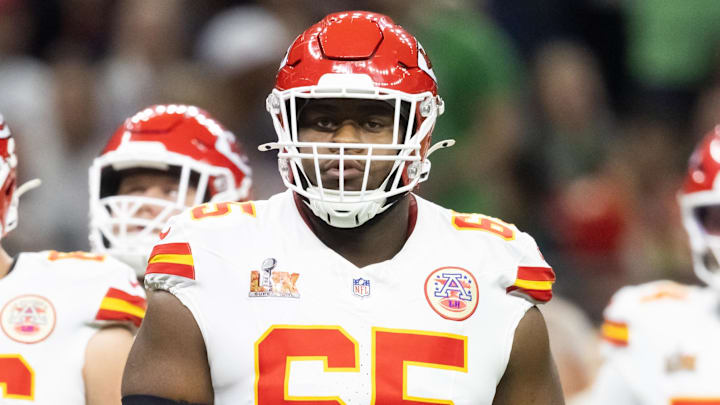 Feb 9, 2025; New Orleans, LA, USA;  Kansas City Chiefs guard Trey Smith (65) against the Philadelphia Eagles in Super Bowl LIX at Ceasars Superdome. Mandatory Credit: Mark J. Rebilas-Imagn Images