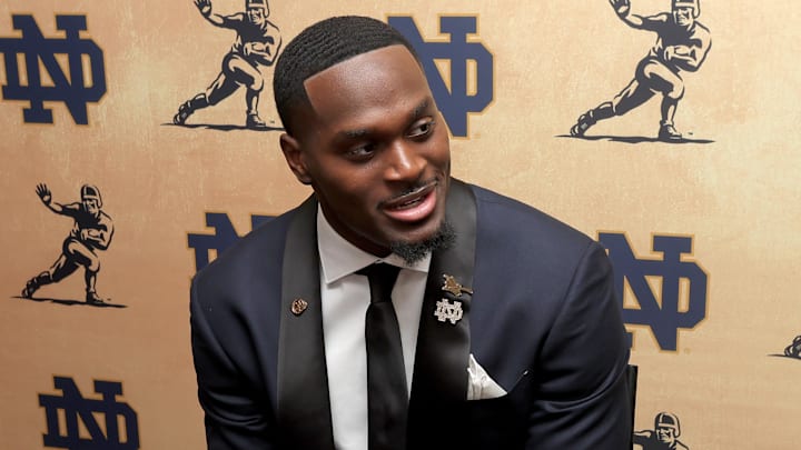 Dec 13, 2025; New York, NY, USA; Notre Dame Fighting Irish running back Jeremiyah Love speaks to the media during a press conference at the New York Marriott Marquis before the presentation of the Heisman trophy.  